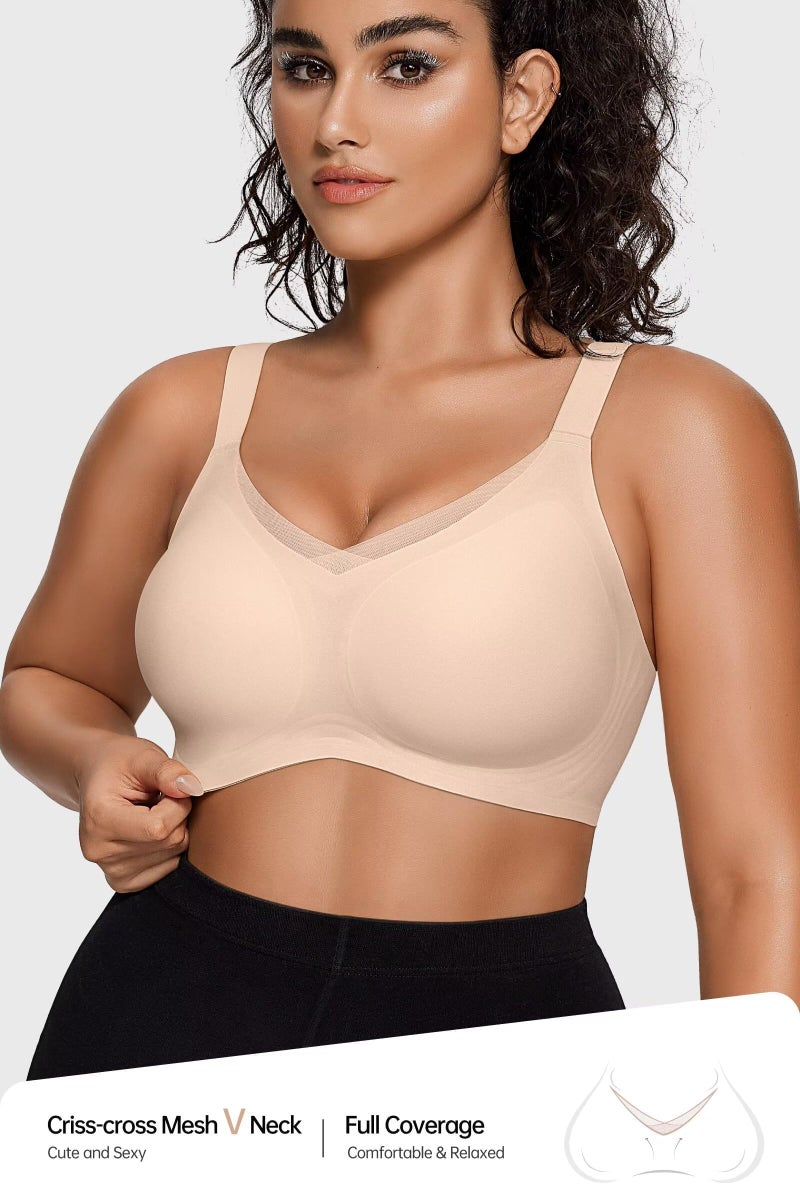 Vertvie Wireless Bras for Women No Underwire Supportive Mesh Crossover Bra Seamless Push Up Full Coverage Everyday Bralettes(Nude,X-Large) - Image 2