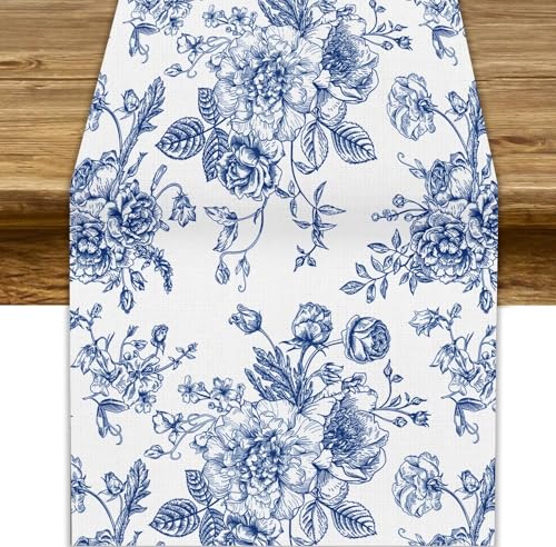 JESTRONRY Floral Table Runner,Blue Flower Table Decoration Chinoiserie Dinner Table Decoration for Home Living Room Kitchen Dining Room Party Indoor Outdoor 13x36in - Image 1