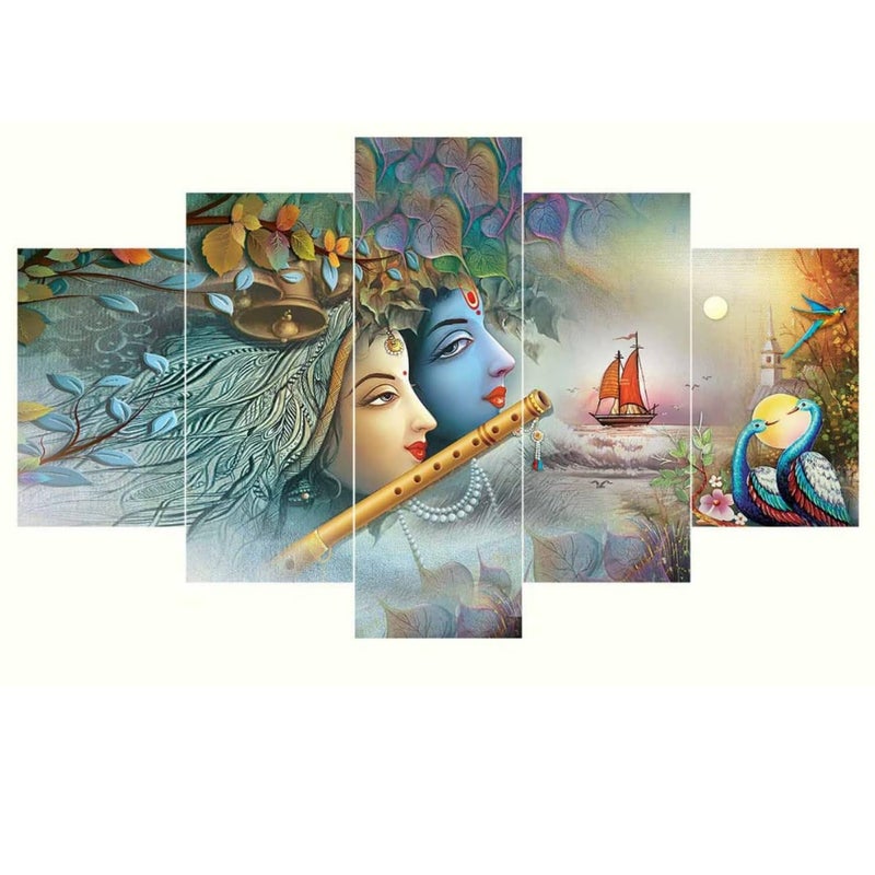 Masstone Radha Krishna Wall Painting with Frame Set of 5 Radha Krishna Wall Paintings for Wall 30x17 Inch Radha Krishna Wall Painting for Living Room Radha Krishna Painting for Wall Decoration