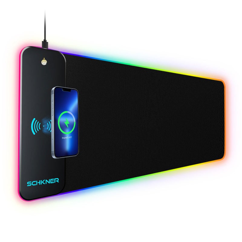 Schkner RGB Gaming Mouse Pad with Wireless Charging 15W, Large Desk Mat 800x300x4mm, 10 Light Modes Keyboard Pad with Non-Slip Rubber Base, Waterproof Mousepad for Gaming PC MacBook Laptop - Image 1