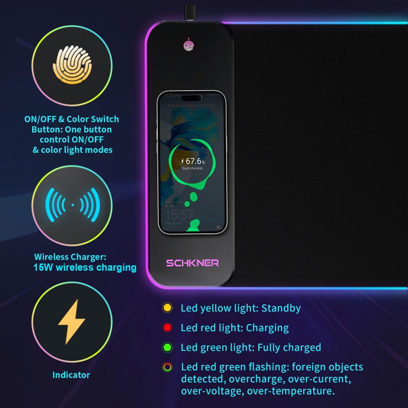 Schkner RGB Gaming Mouse Pad with Wireless Charging 15W, Large Desk Mat 800x300x4mm, 10 Light Modes Keyboard Pad with Non-Slip Rubber Base, Waterproof Mousepad for Gaming PC MacBook Laptop - Image 4