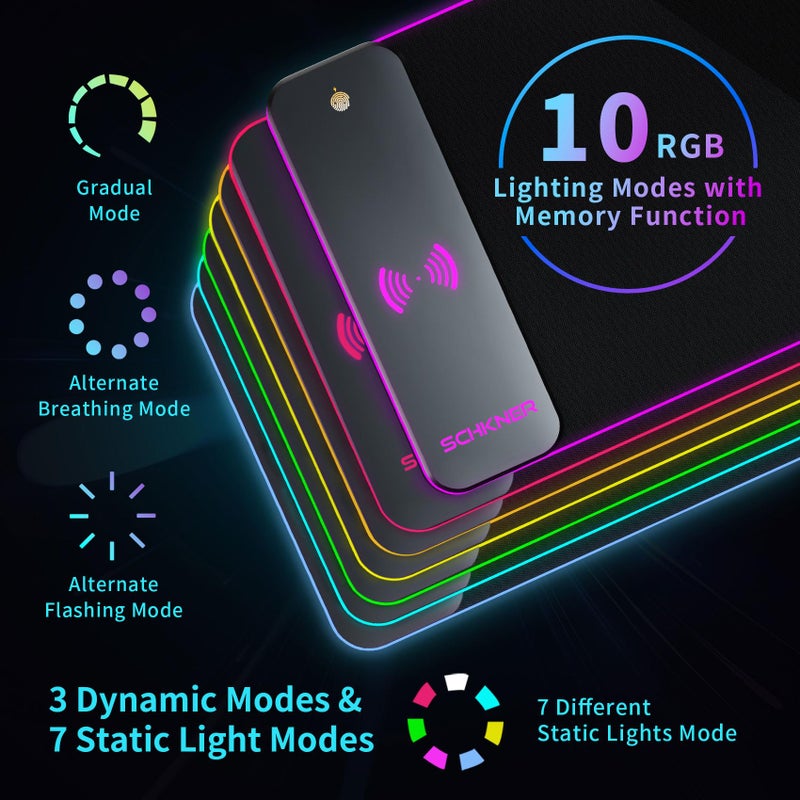 Schkner RGB Gaming Mouse Pad with Wireless Charging 15W, Large Desk Mat 800x300x4mm, 10 Light Modes Keyboard Pad with Non-Slip Rubber Base, Waterproof Mousepad for Gaming PC MacBook Laptop - Image 3