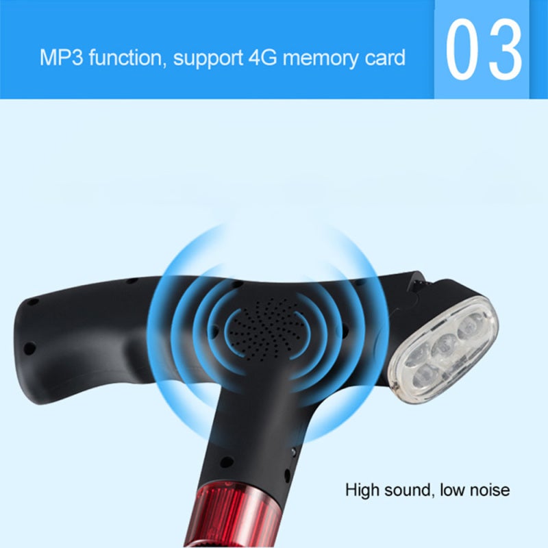 Adjustable Walking Stick: Black Ergonomic Handle - LED Lighting Fall Alarm Walking Cane for Elderly Daily Use With FM Radio MP3 4G Memory Card - Image 5