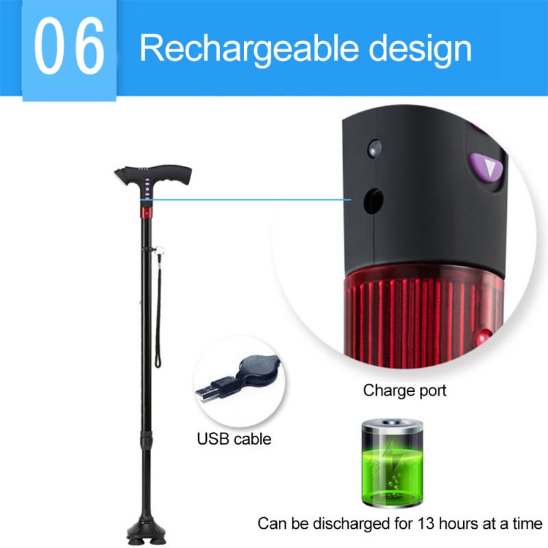 Adjustable Walking Stick: Black Ergonomic Handle - LED Lighting Fall Alarm Walking Cane for Elderly Daily Use With FM Radio MP3 4G Memory Card - Image 3