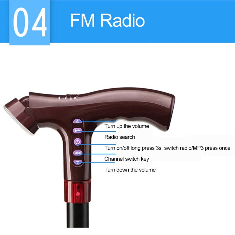 Adjustable Walking Stick: Black Ergonomic Handle - LED Lighting Fall Alarm Walking Cane for Elderly Daily Use With FM Radio MP3 4G Memory Card - Image 4