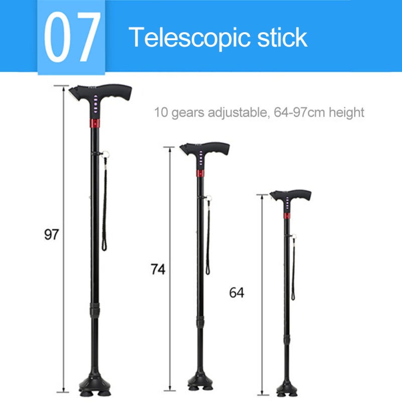 Adjustable Walking Stick: Black Ergonomic Handle - LED Lighting Fall Alarm Walking Cane for Elderly Daily Use With FM Radio MP3 4G Memory Card - Image 2