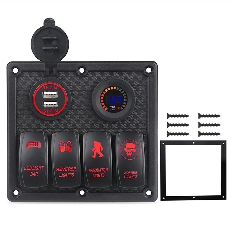 Wivplex 4 Gang Marine Boat Switch Panel with USB Charger - Image 1