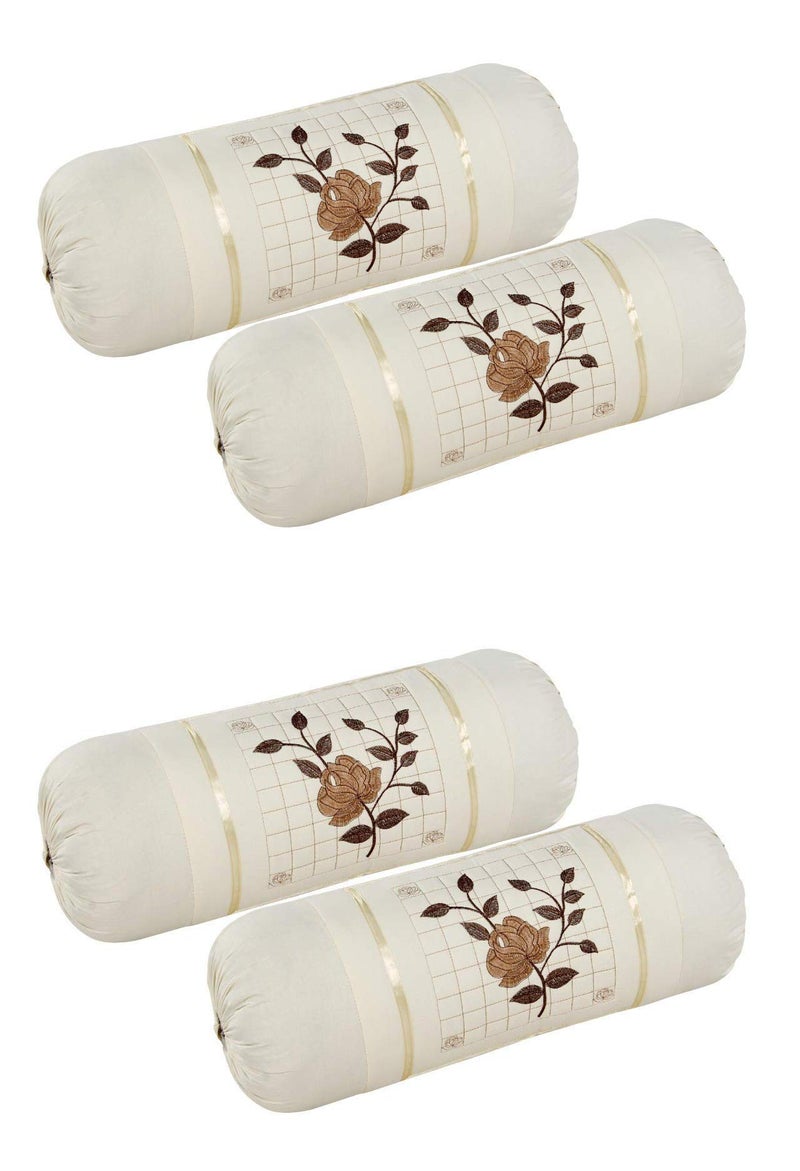 HSR Collection Premium Cotton Embroidery Bolster Cover - Set of 4, Off White, Standard, 16 inch x 32 inch - Image 1