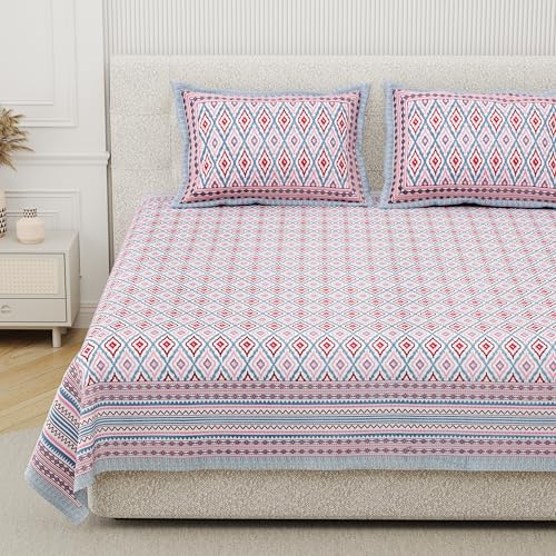 DE CAMA Since 1997 | 100% Cotton 300 TC Premium King Size Bedsheet for Double Bed (90 x 108 Inch) with 2 Pillow Covers Set (17 x 27 Inch) Designer Printed Bedsheet Set - Ikat Lavender - Image 1