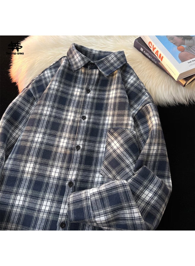 Swamp Area Retro Plaid Shirt For Men, Spring And Autumn Loose Casual Hong Kong Style Cool Long-sleeve Shirt Jacket, Cs006 Navy Blue, XL - Image 1