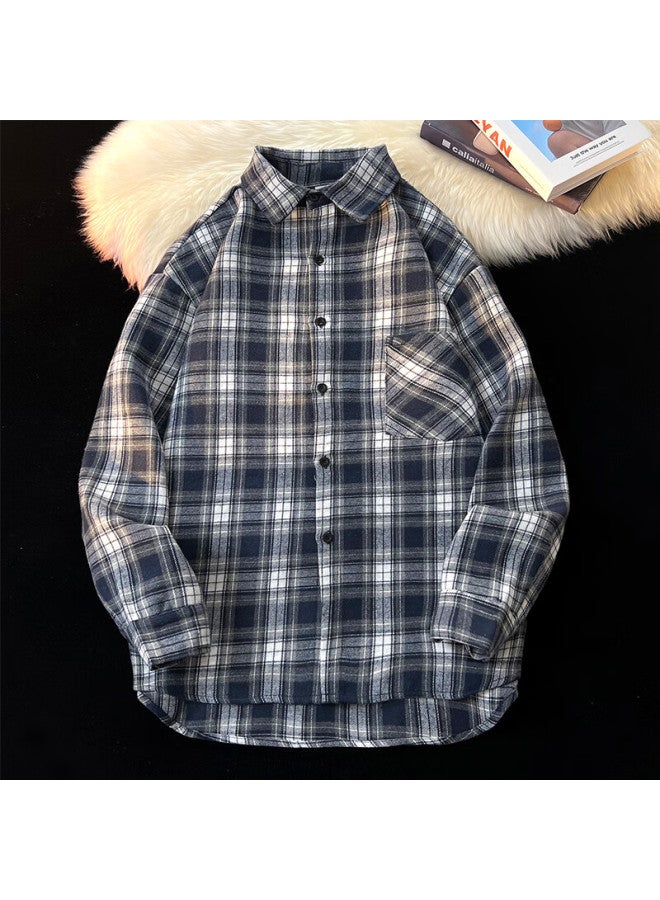 Swamp Area Retro Plaid Shirt For Men, Spring And Autumn Loose Casual Hong Kong Style Cool Long-sleeve Shirt Jacket, Cs006 Navy Blue, XL - Image 2