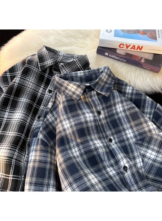 Swamp Area Retro Plaid Shirt For Men, Spring And Autumn Loose Casual Hong Kong Style Cool Long-sleeve Shirt Jacket, Cs006 Navy Blue, XL - Image 4