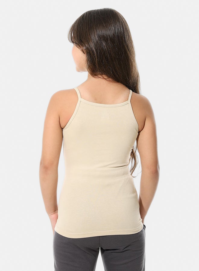 Andora Strap Sleeves Plain Cotton T-Shirt - Beige_Beige - Image 4