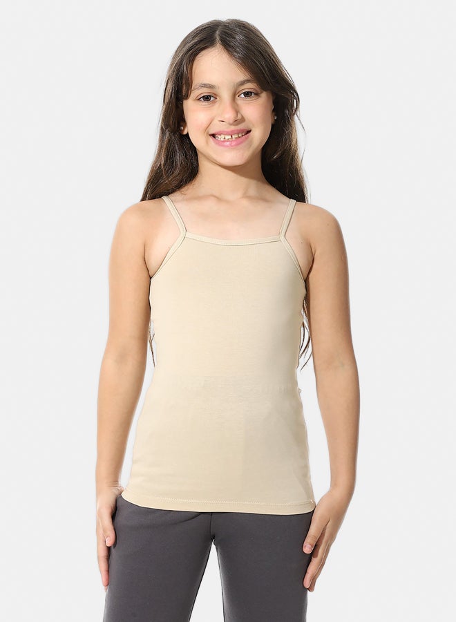 Andora Strap Sleeves Plain Cotton T-Shirt - Beige_Beige - Image 1