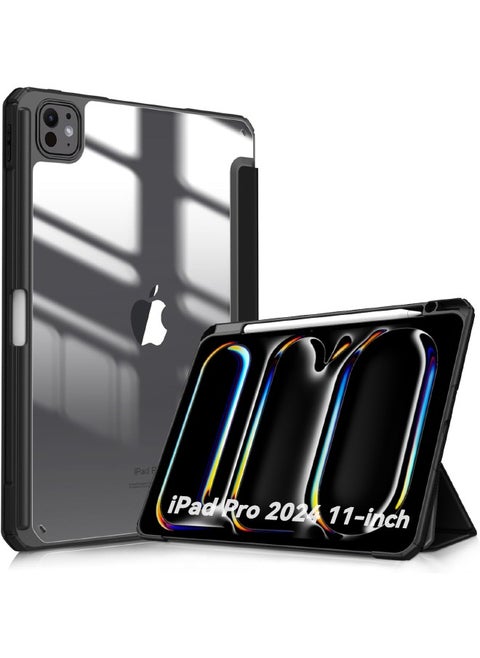 iPad Pro 2024 (5th Generation) M4 11-Inch Case, Hybrid Slim Trifold Stand Case with Apple Pencil Holder, Auto Wake Sleep, Smart Magnetic Cover Clear Acrylic Back Shockproof Case, Black