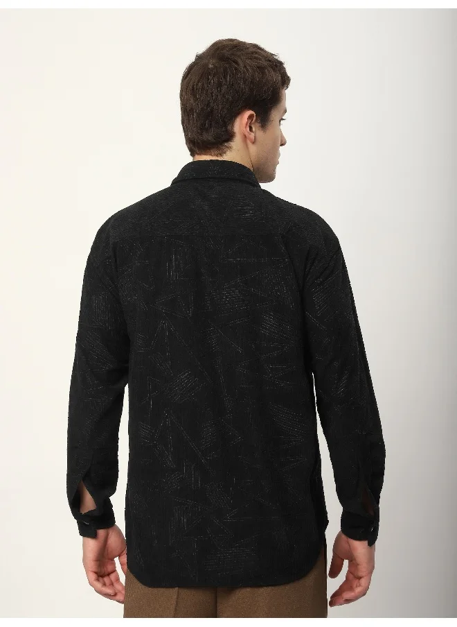 Beyoung Black Tribal Textured Corduroy Shirt