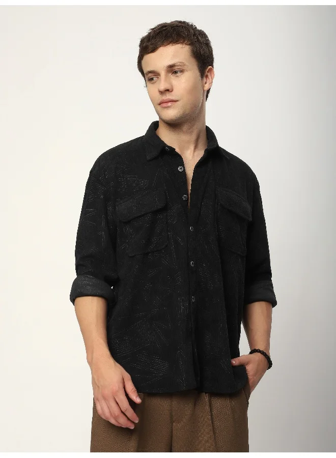 Beyoung Black Tribal Textured Corduroy Shirt