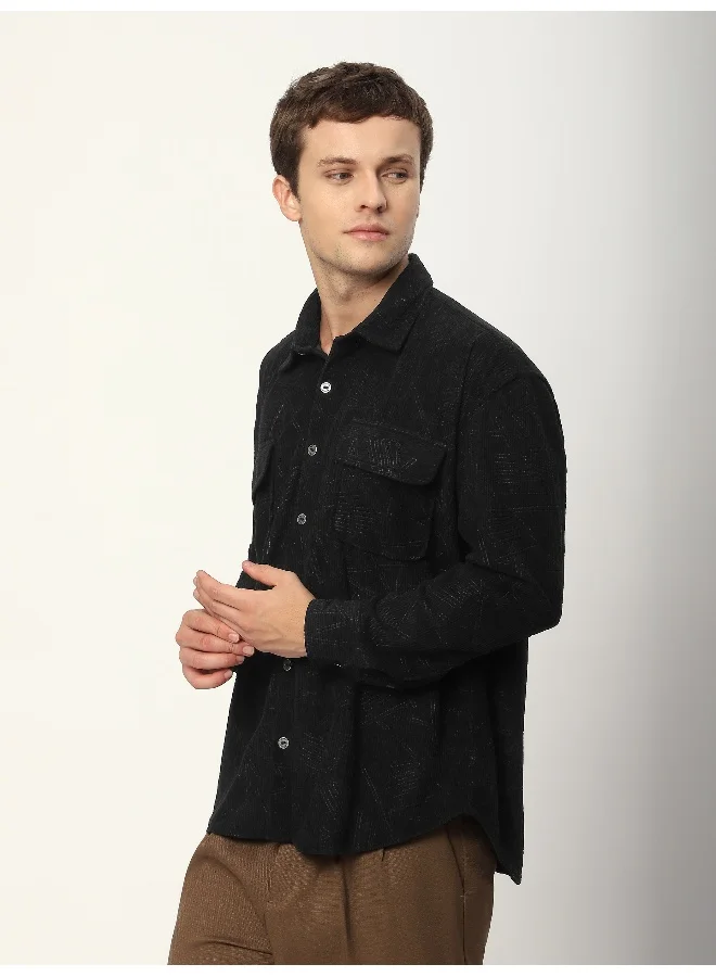 Beyoung Black Tribal Textured Corduroy Shirt