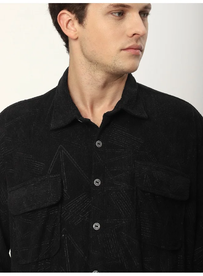 Beyoung Black Tribal Textured Corduroy Shirt