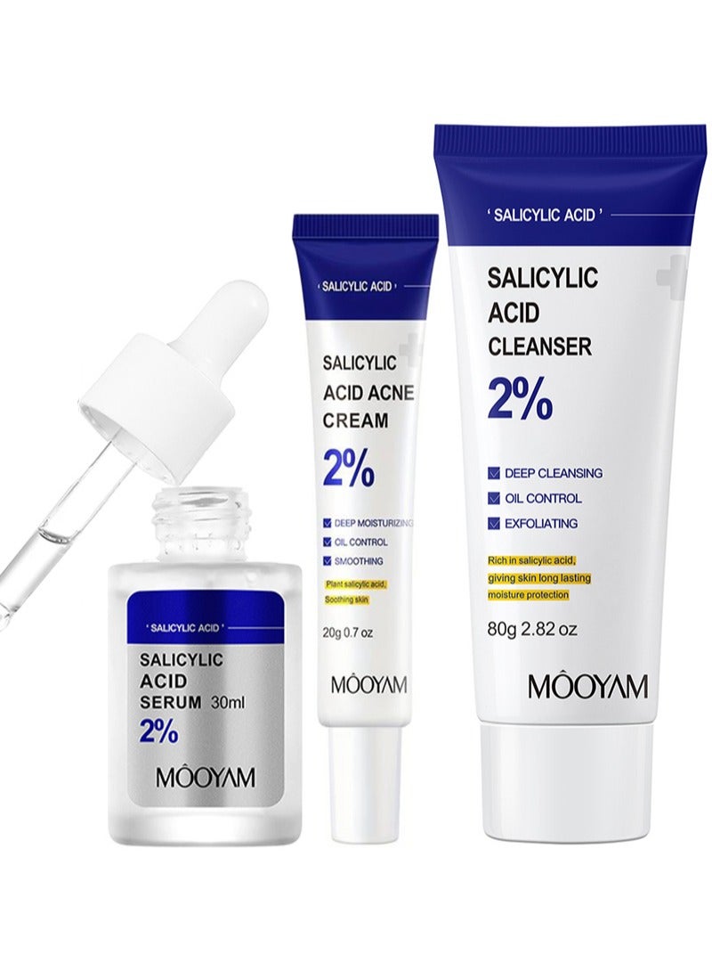 MOOYAM Salicylic Acid Facial Set,2% Salicylic Acid Cleanser 80g+Facial Serum 30ml with Salicylic Acid 2%+Acne Cream 20g with 2% Salicylic Acid,Deep Moisture and Oil Control,Pore Cleaning,Soothing For Acne-Prone Skin,Unisex,Hypoallergenic,Ideal For All Skin Types - Image 1
