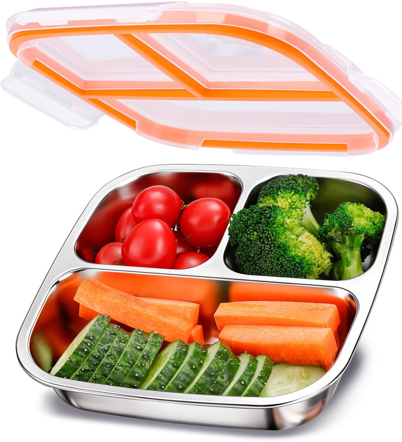 KTKUDY Stainless Steel Snack Container - Kids Lunch Container with 3 Compartment - Divided Meal Prep Bento Box for Kids Daycare, School, Work, Travel - Image 1
