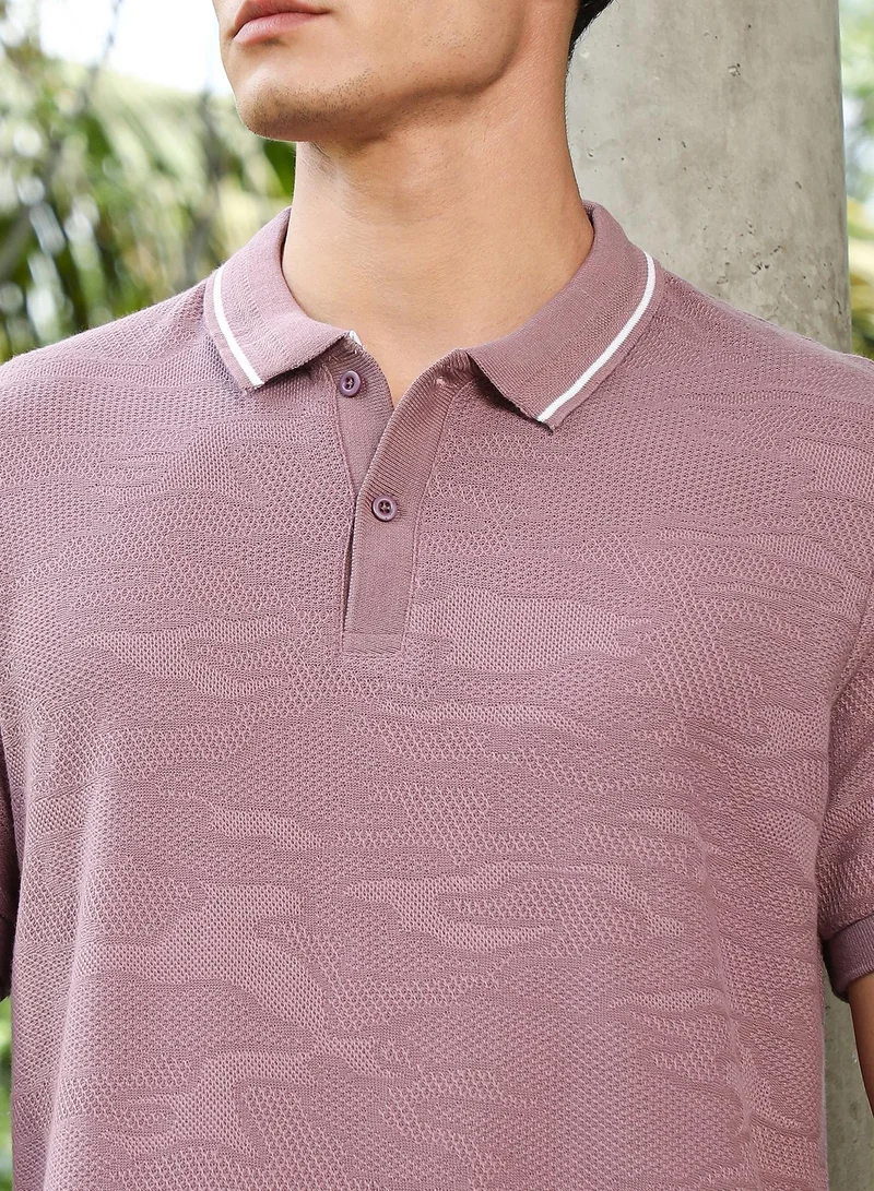 Campus Sutra Campus Sutra Men's Mauve Purple Abstract-Tactile Knit Polo T-Shirt For Casual Wear | Polo Neck | Short Cuffed Sleeves | Half-Button Closure | T-Shirt Crafted With Comfort Fit For Everyday Wear