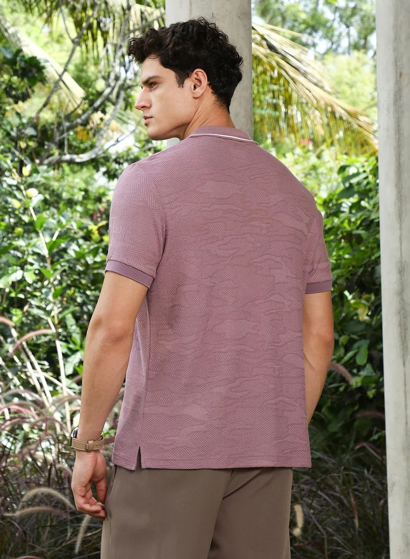 Campus Sutra Campus Sutra Men's Mauve Purple Abstract-Tactile Knit Polo T-Shirt For Casual Wear | Polo Neck | Short Cuffed Sleeves | Half-Button Closure | T-Shirt Crafted With Comfort Fit For Everyday Wear