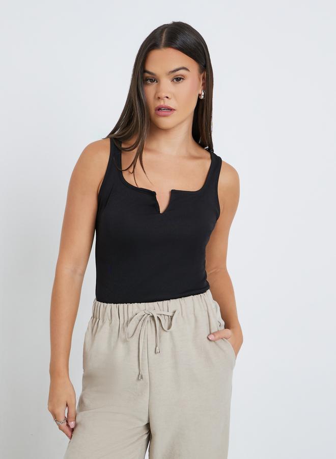 Styli Women Black Square Neck Ribbed Fitted Top - Image 1