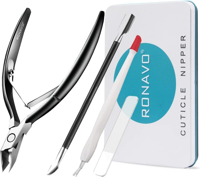 Cuticle Trimmer with Cuticle Pusher RONAVO Cuticle Remover Stainless Steel Professional Cuticle Nipper Durable Pedicure Manicure Tools Matte Black