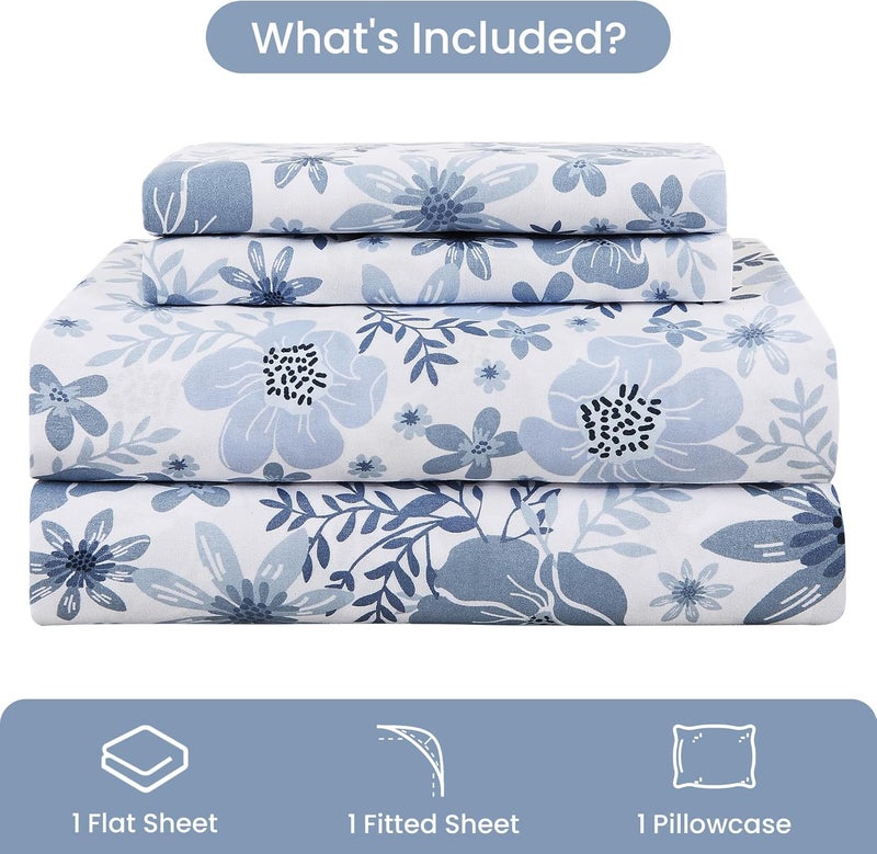 Mooreeke Twin Size Sheets Set - 3 Piece Soft Breathable Microfiber Bed Sheet Set - Blue & White Flower Pattern Sheet Set Full - Deep Pocket Non-Slip Floral Fitted Sheet Included for All Season - Image 2