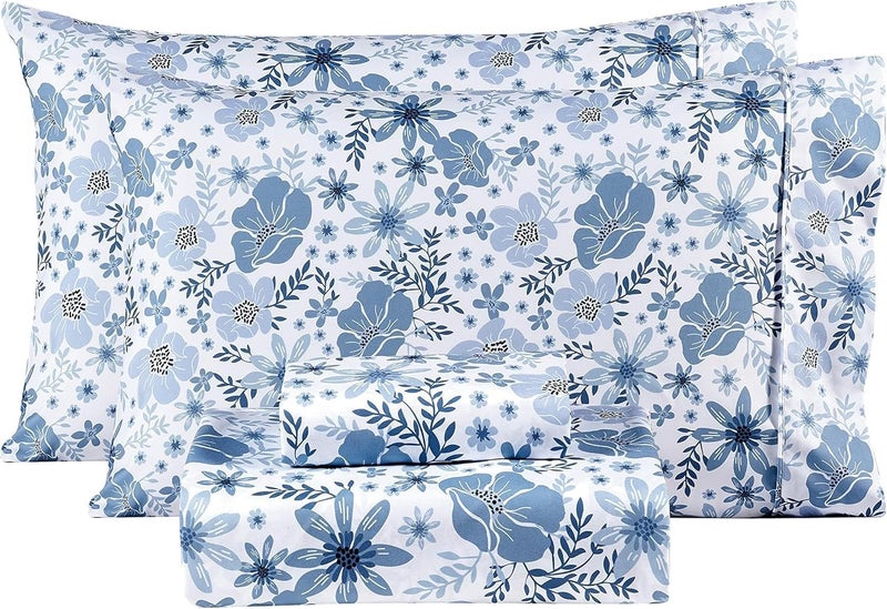 Mooreeke Twin Size Sheets Set - 3 Piece Soft Breathable Microfiber Bed Sheet Set - Blue & White Flower Pattern Sheet Set Full - Deep Pocket Non-Slip Floral Fitted Sheet Included for All Season - Image 1