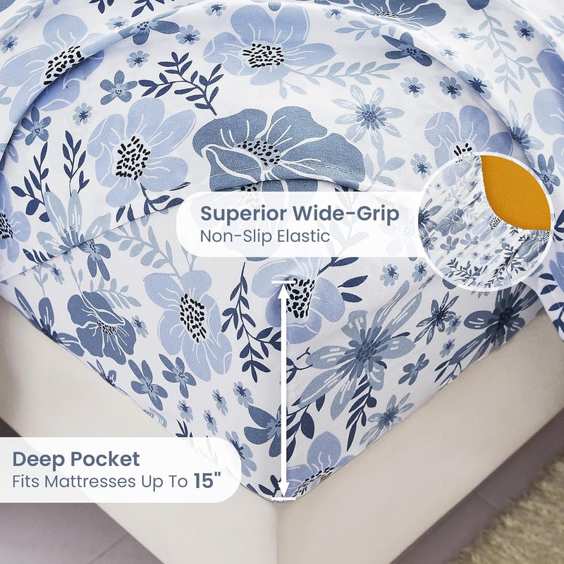 Mooreeke Twin Size Sheets Set - 3 Piece Soft Breathable Microfiber Bed Sheet Set - Blue & White Flower Pattern Sheet Set Full - Deep Pocket Non-Slip Floral Fitted Sheet Included for All Season - Image 4