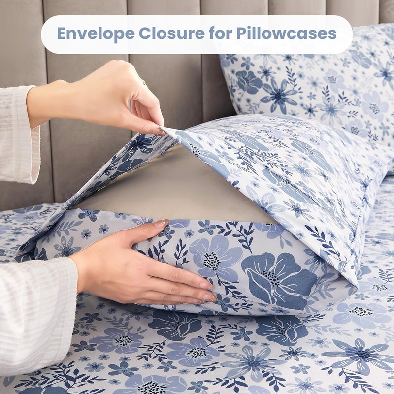 Mooreeke Twin Size Sheets Set - 3 Piece Soft Breathable Microfiber Bed Sheet Set - Blue & White Flower Pattern Sheet Set Full - Deep Pocket Non-Slip Floral Fitted Sheet Included for All Season - Image 5