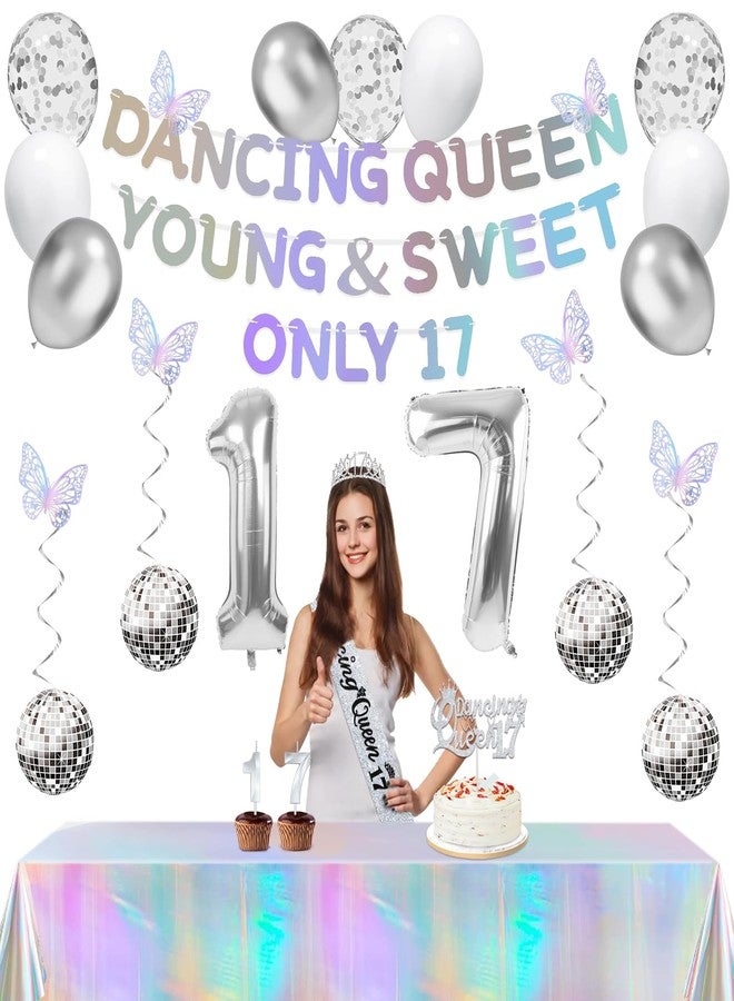 YeohJoy Dancing Queen Party Decorations 17,Dancing Queen Banner,Silver 17th Birthday Tiara and Sash,Balloons,Disco Hanging Swirls,Butterfly,Number 17 Candles and Cake Topper,Tablecloth for 17 Birthday - Image 1