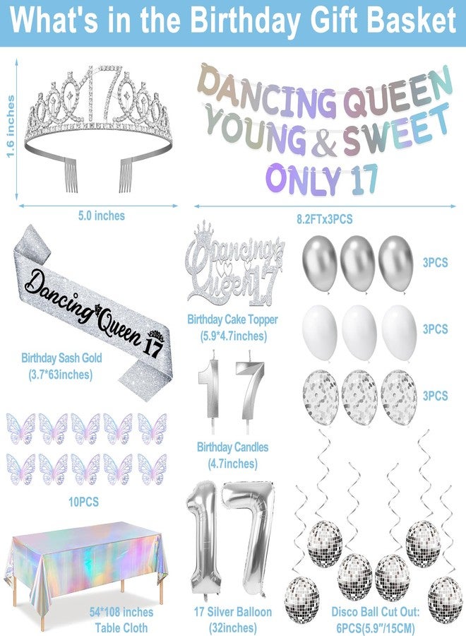 YeohJoy Dancing Queen Party Decorations 17,Dancing Queen Banner,Silver 17th Birthday Tiara and Sash,Balloons,Disco Hanging Swirls,Butterfly,Number 17 Candles and Cake Topper,Tablecloth for 17 Birthday - Image 2