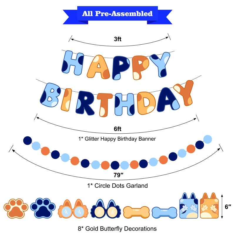 Danadia Pre-Strung Happy Birthday Banner, Blue Dog Birthday Decorations with Cartoon Dog Ornaments and Circle Dot Garland, Blue and Orange Party Decorations for Boys Kids - Image 2
