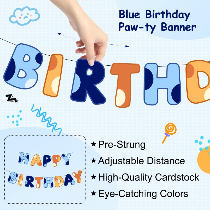 Danadia Pre-Strung Happy Birthday Banner, Blue Dog Birthday Decorations with Cartoon Dog Ornaments and Circle Dot Garland, Blue and Orange Party Decorations for Boys Kids - Image 3