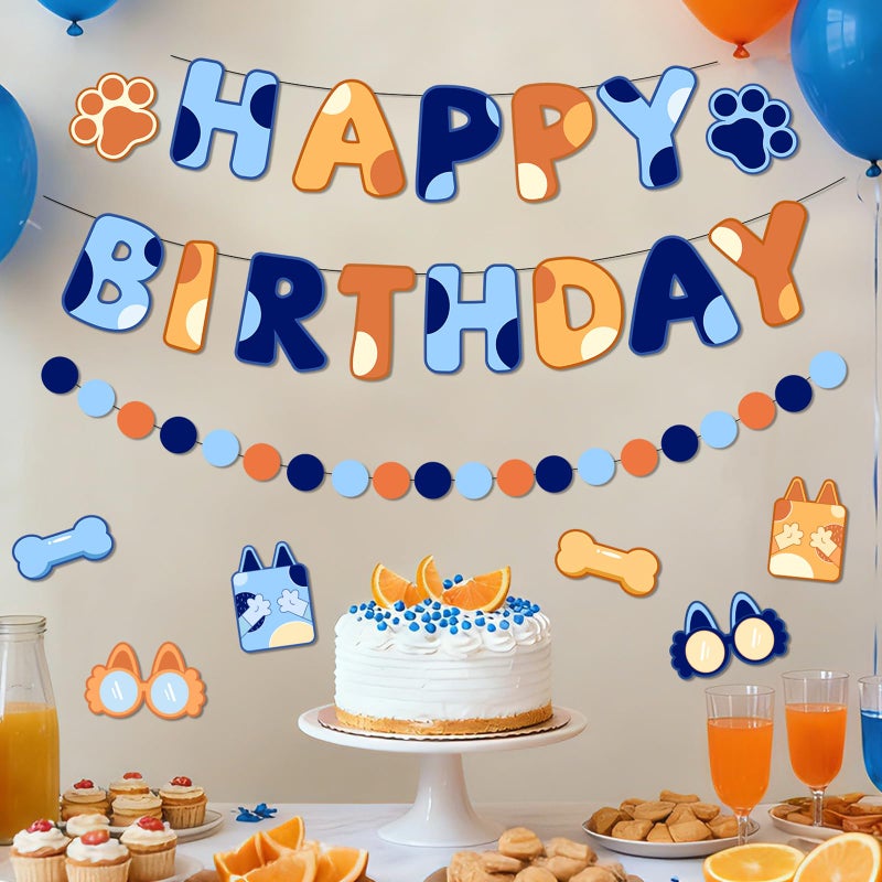Danadia Pre-Strung Happy Birthday Banner, Blue Dog Birthday Decorations with Cartoon Dog Ornaments and Circle Dot Garland, Blue and Orange Party Decorations for Boys Kids - Image 5