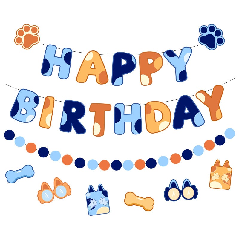 Danadia Pre-Strung Happy Birthday Banner, Blue Dog Birthday Decorations with Cartoon Dog Ornaments and Circle Dot Garland, Blue and Orange Party Decorations for Boys Kids - Image 1