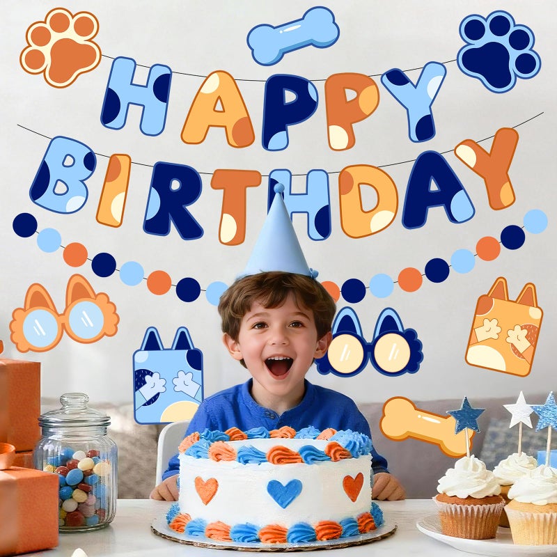 Danadia Pre-Strung Happy Birthday Banner, Blue Dog Birthday Decorations with Cartoon Dog Ornaments and Circle Dot Garland, Blue and Orange Party Decorations for Boys Kids - Image 4