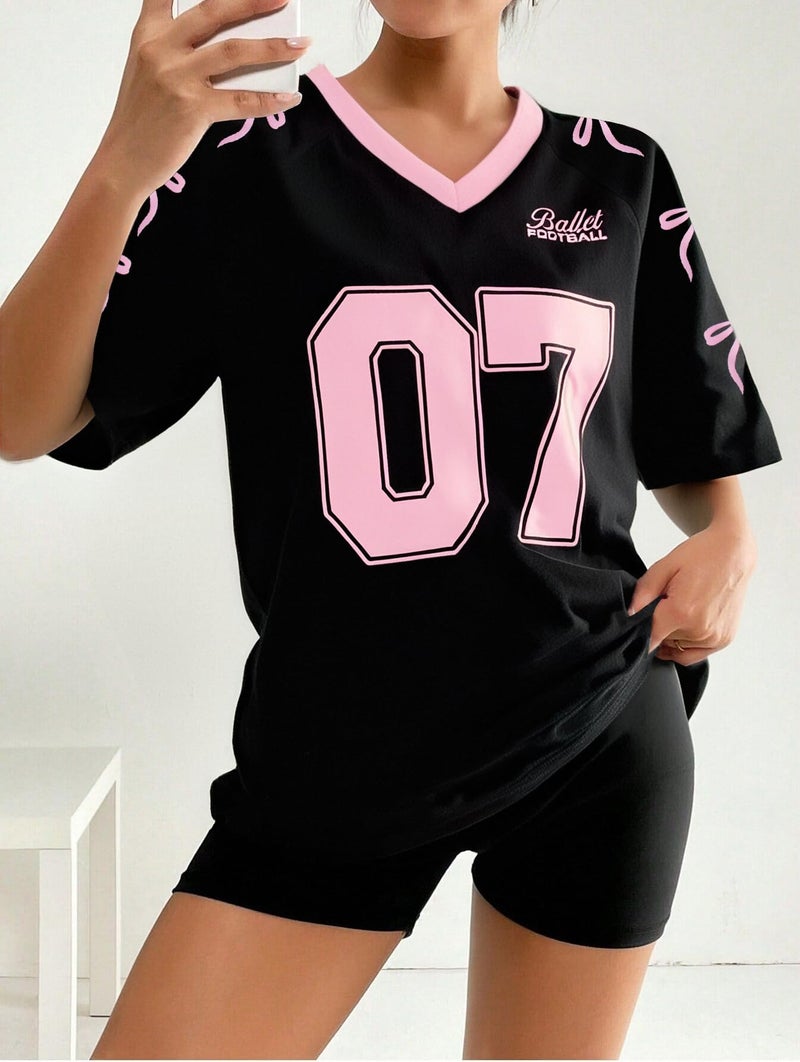 UNIQUEONE Jersey Shirts for Women Y2k Graphic Number Shirt Oversized V Neck Shirts Casual Streetwear Summer Tops - Image 3