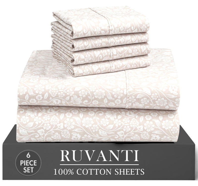 RUVANTI 6 Pcs Cotton Sheets - 100% Natural Cotton Soft, Lightweight & Breathable Crispy Percale Sheets, Full Size Bed Sheets 16" Deep Pockets, Orchid Charm - Image 1
