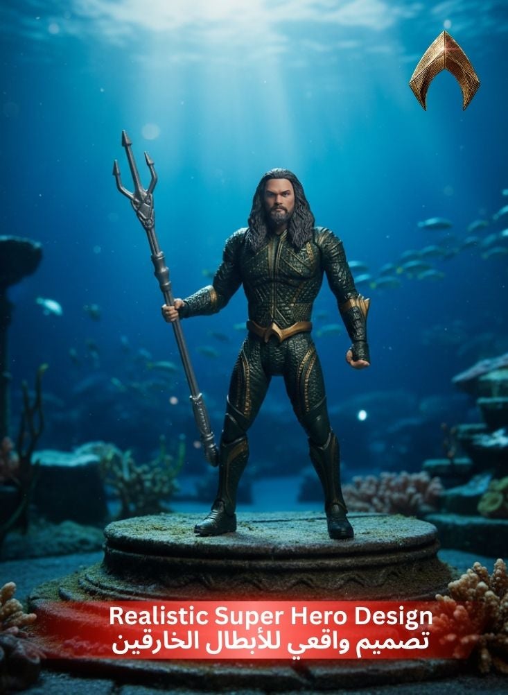 Aquaman Action Figure (DC Superhero Character) with Trident Weapon in Dark Green & Gold Suit – Realistic Superhero Toy Figure for Kids, Collector Display & Imaginative Play - Image 4