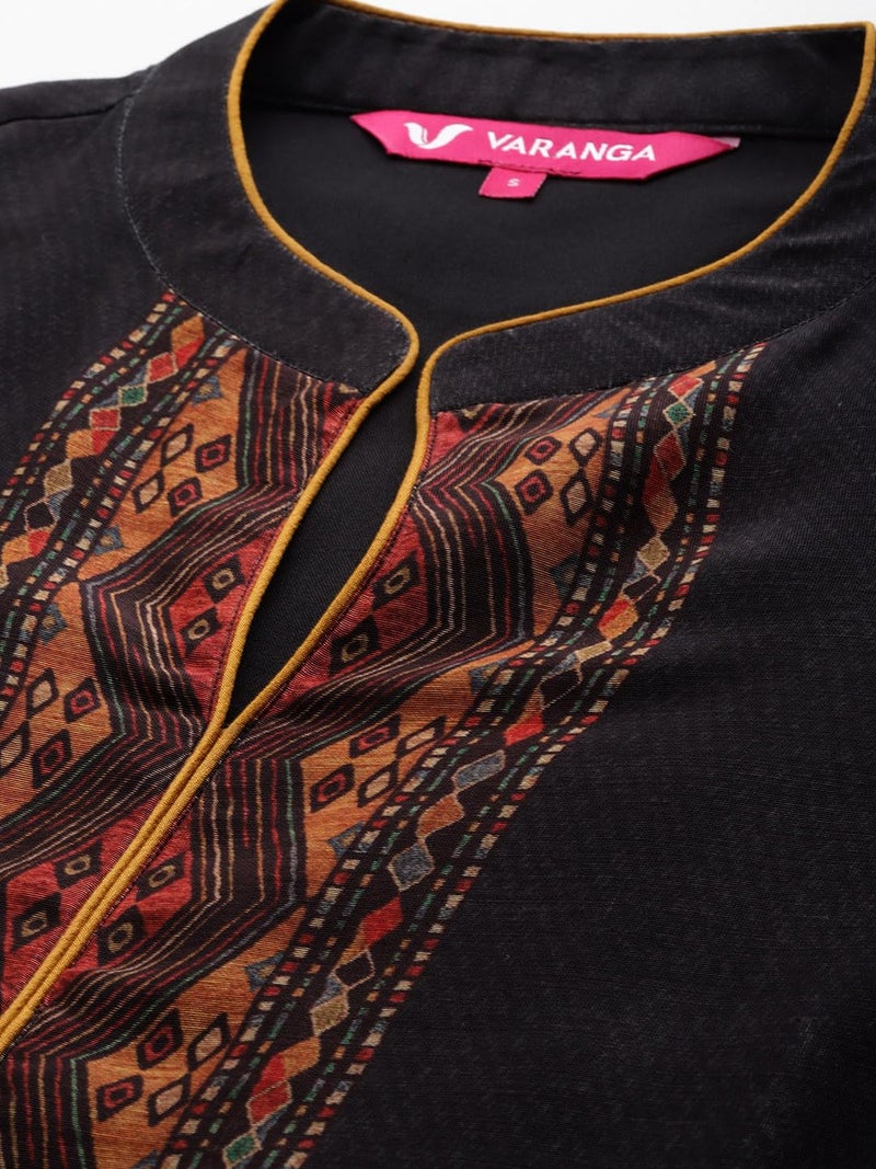 Varanga Women Black Printed Straight Kurta Paired with Solid Bottom and Printed Dupatta – Stylish Round Neck Kurta with Three-Quarter Sleeves, Comfortable Fit, Ideal for Casual and Festive Occasions - Image 4