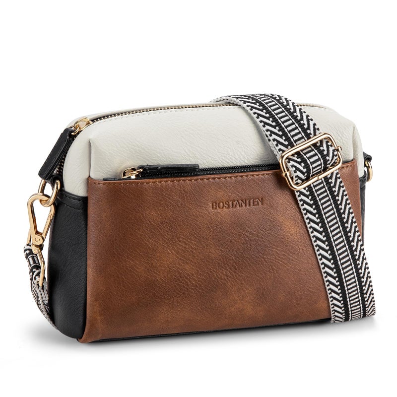 BOSTANTEN Small Crossbody Purse for Women Triple Zip Cell Phone Leather Shoulder Handbag with Wide Guitar Strap Brown with Black - Image 1