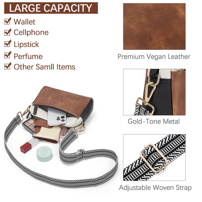 BOSTANTEN Small Crossbody Purse for Women Triple Zip Cell Phone Leather Shoulder Handbag with Wide Guitar Strap Brown with Black - Image 4