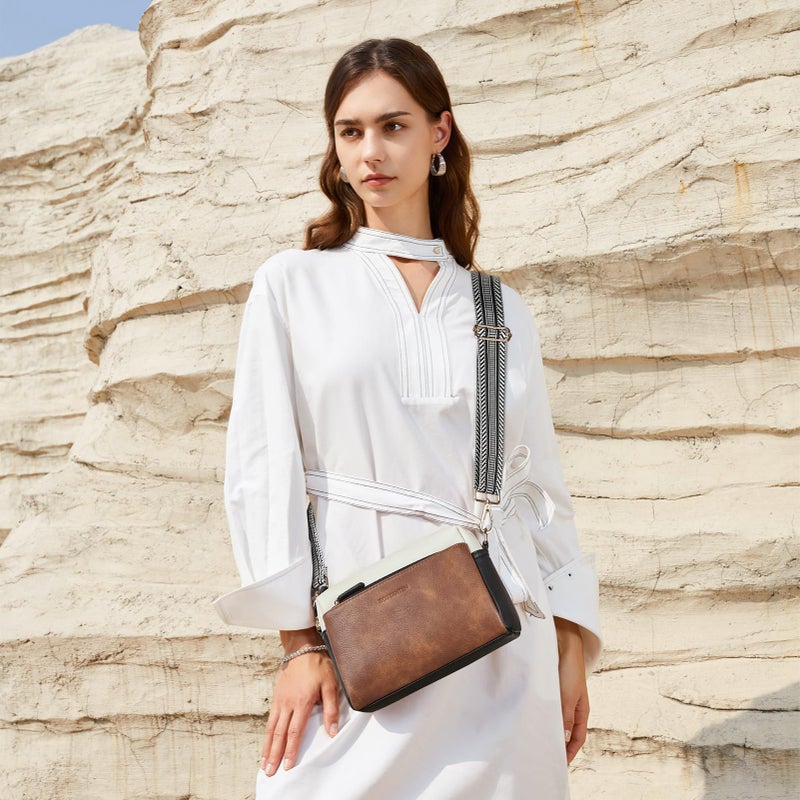 BOSTANTEN Small Crossbody Purse for Women Triple Zip Cell Phone Leather Shoulder Handbag with Wide Guitar Strap Brown with Black - Image 2
