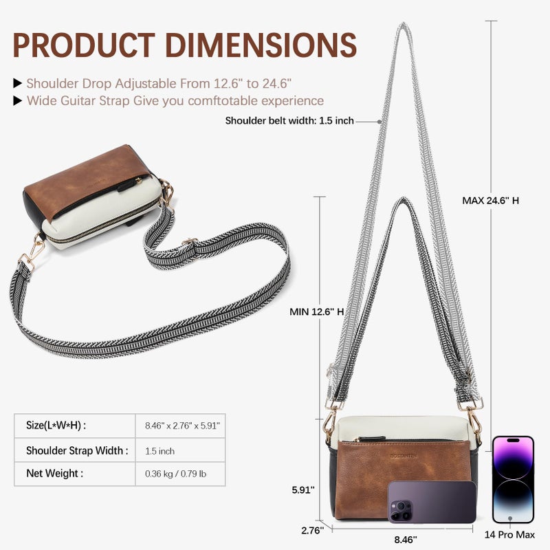 BOSTANTEN Small Crossbody Purse for Women Triple Zip Cell Phone Leather Shoulder Handbag with Wide Guitar Strap Brown with Black - Image 3
