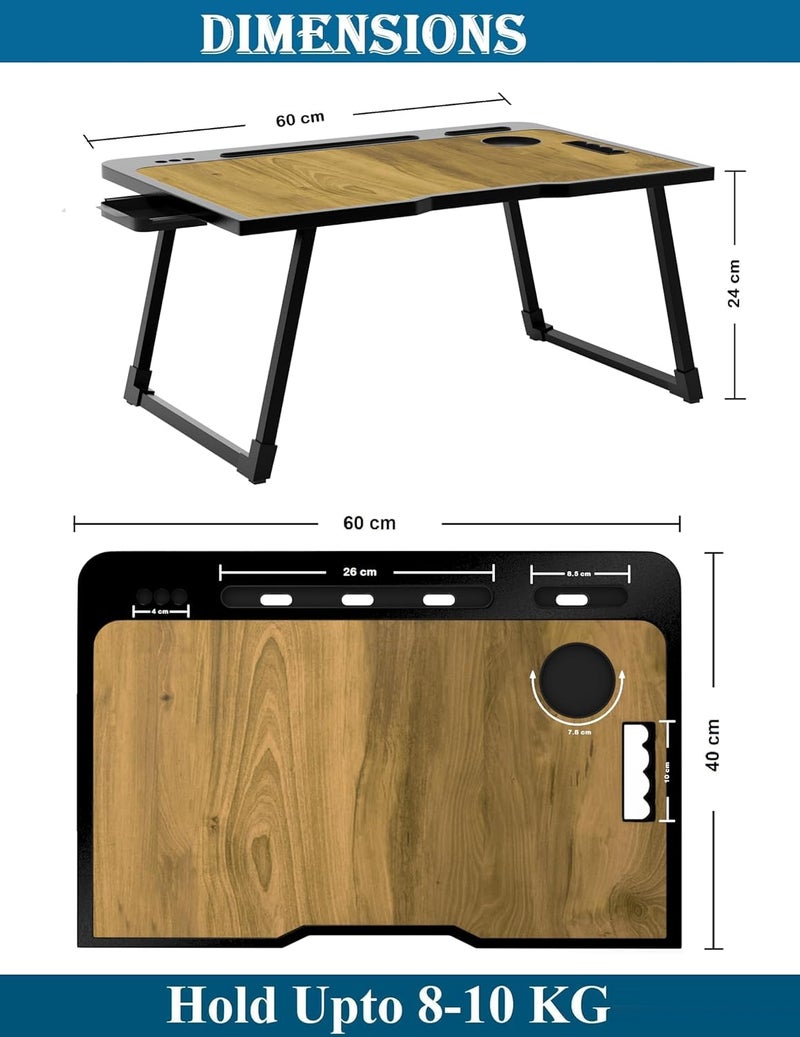 Radiant Multipurpose Foldable Laptop Table, Cup Holder, Drawer, Mac Holder, Study Table, Breakfast Table, Portable, Ergonomic, Rounded Edges, Non-Slip Legs (Wooden) - Image 2