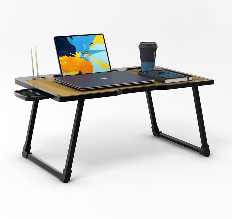 Radiant Multipurpose Foldable Laptop Table, Cup Holder, Drawer, Mac Holder, Study Table, Breakfast Table, Portable, Ergonomic, Rounded Edges, Non-Slip Legs (Wooden) - Image 1